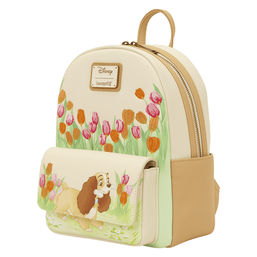 Angled front view of the Loungefly Disney Lady and the Tramp Pastel Tulip Mini Backpack with pastel floral detailing and Lady artwork