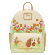 Front view of the Loungefly Disney Lady and the Tramp Pastel Tulip Mini Backpack with embroidered tulips and Lady on the front pocket