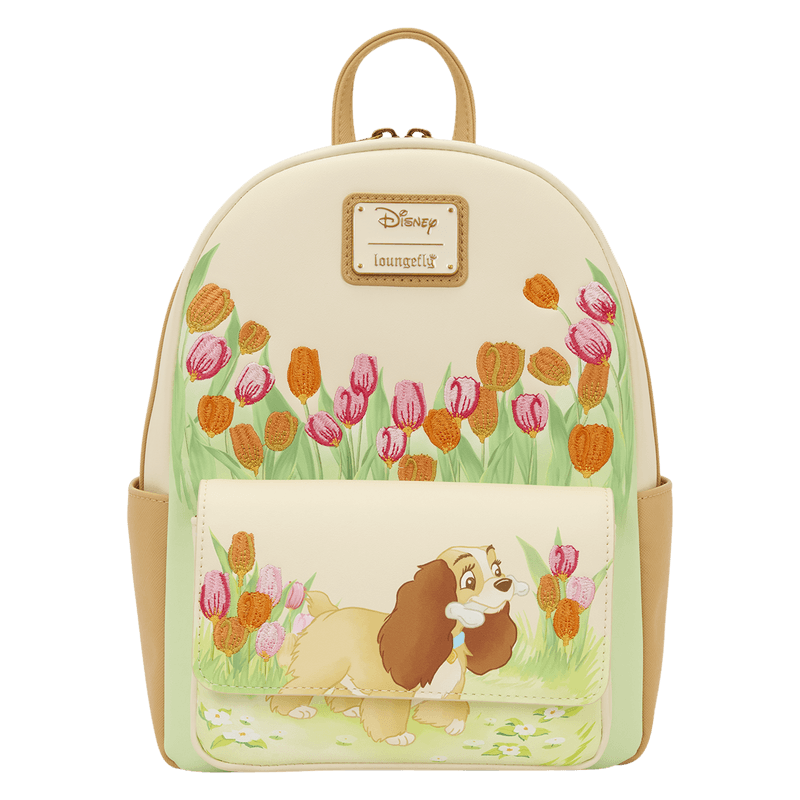 Front view of the Loungefly Disney Lady and the Tramp Pastel Tulip Mini Backpack with embroidered tulips and Lady on the front pocket