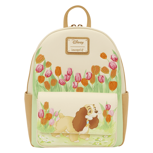 Front view of the Loungefly Disney Lady and the Tramp Pastel Tulip Mini Backpack with embroidered tulips and Lady on the front pocket