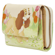 Angled front view of the Loungefly Disney Lady and the Tramp tulip pastel wallet with floral artwork and zip-around design