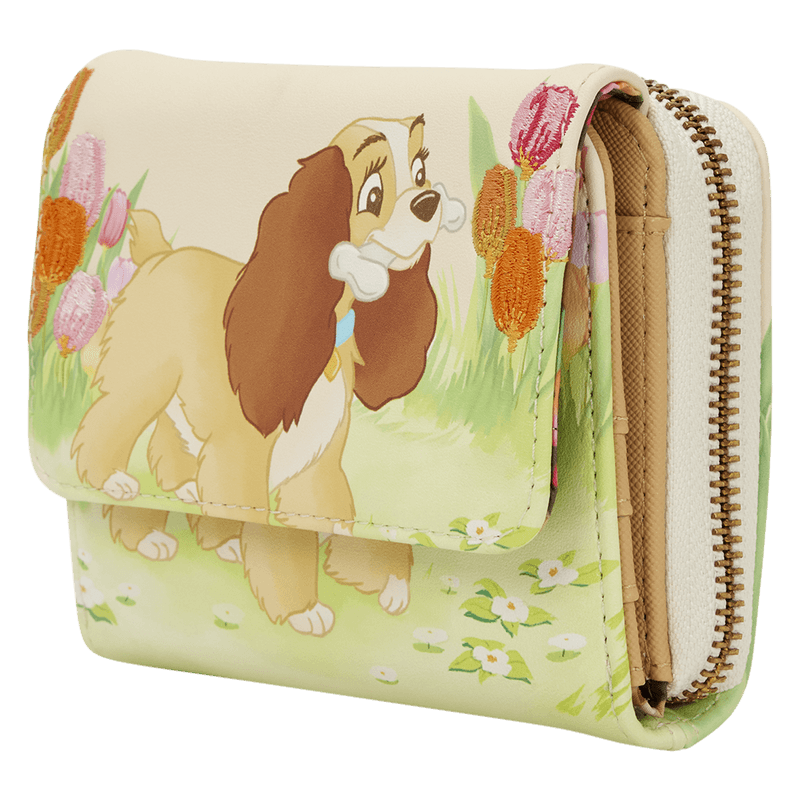 Angled front view of the Loungefly Disney Lady and the Tramp tulip pastel wallet with floral artwork and zip-around design
