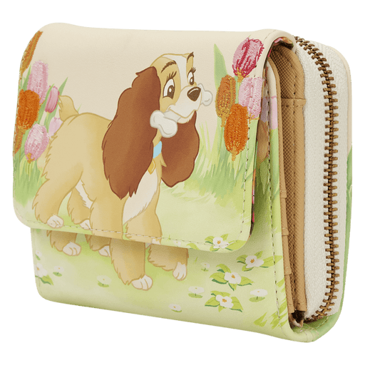 Angled front view of the Loungefly Disney Lady and the Tramp tulip pastel wallet with floral artwork and zip-around design