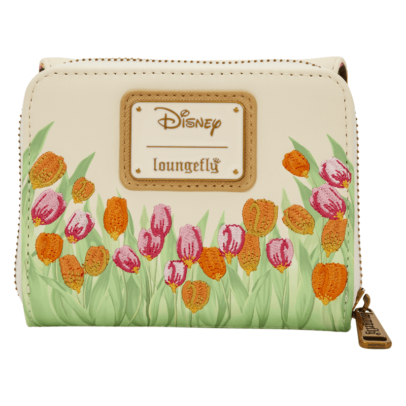 Back view of the Loungefly Disney Lady and the Tramp tulip pastel wallet with embroidered pink and orange tulips