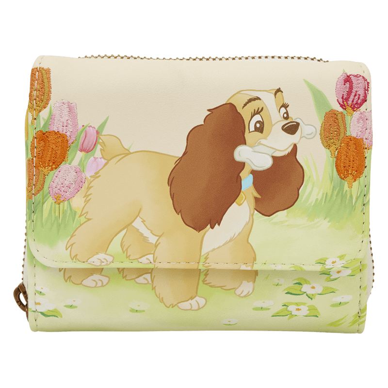 Front view of the Loungefly Disney Lady and the Tramp tulip pastel wallet with Lady holding a bone in a spring garden scene