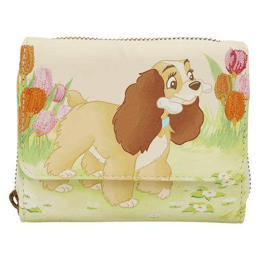 Front view of the Loungefly Disney Lady and the Tramp tulip pastel wallet with Lady holding a bone in a spring garden scene