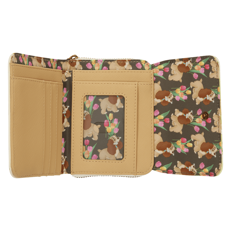 Interior of the Loungefly Disney Lady and the Tramp tulip pastel wallet with card slots, ID window and character print lining