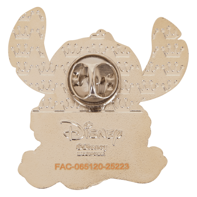 Back of Loungefly Disney Lilo & Stitch Angel Hearts mystery pin showing metal backing and Disney stamp