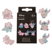 Loungefly Disney Lilo & Stitch Angel Hearts mystery pin blind box packaging showing the collectible Stitch and Angel pin designs