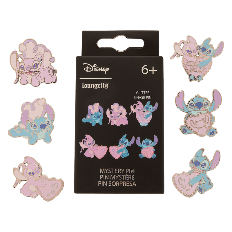 Loungefly Disney Lilo & Stitch Angel Hearts mystery pin blind box packaging showing the collectible Stitch and Angel pin designs