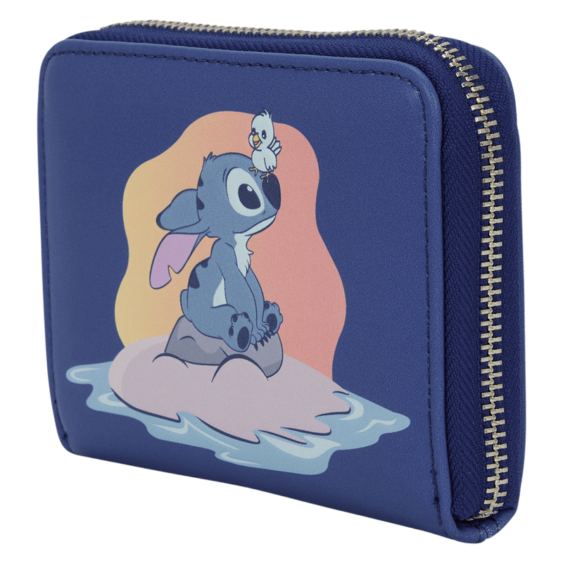 Angled view of the Loungefly Disney Lilo & Stitch Animal Friends Zip Around Wallet showing the back character artwork and zip-around design