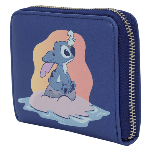 Angled view of the Loungefly Disney Lilo & Stitch Animal Friends Zip Around Wallet showing the back character artwork and zip-around design
