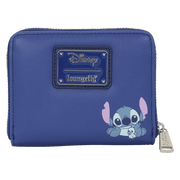 Back view of the Loungefly Disney Lilo & Stitch Animal Friends Zip Around Wallet with Stitch sitting on a rock and a bird perched on his nose