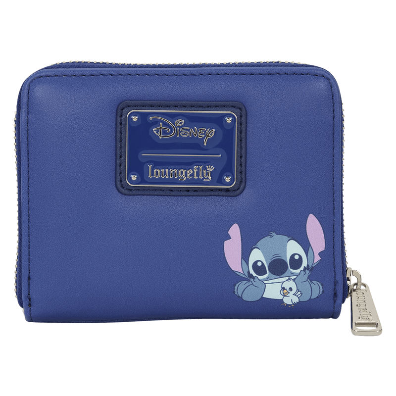 Back view of the Loungefly Disney Lilo & Stitch Animal Friends Zip Around Wallet with Stitch sitting on a rock and a bird perched on his nose