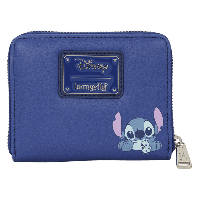 Back view of the Loungefly Disney Lilo & Stitch Animal Friends Zip Around Wallet with Stitch sitting on a rock and a bird perched on his nose