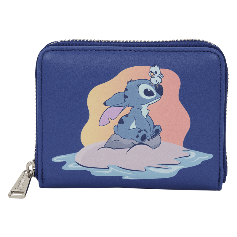 Front view of the Loungefly Disney Lilo & Stitch Animal Friends Zip Around Wallet in blue with Stitch and a small bird detail