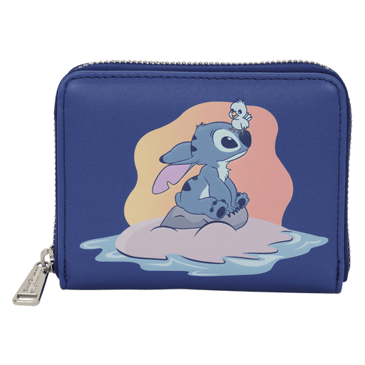 Front view of the Loungefly Disney Lilo & Stitch Animal Friends Zip Around Wallet in blue with Stitch and a small bird detail