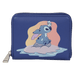 Front view of the Loungefly Disney Lilo & Stitch Animal Friends Zip Around Wallet in blue with Stitch and a small bird detail