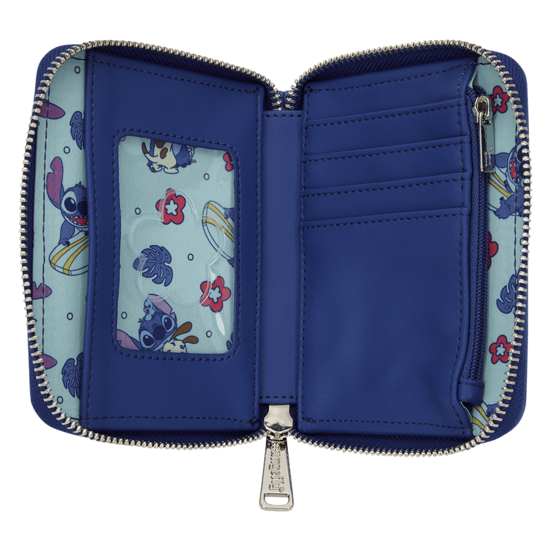 Interior view of the Loungefly Disney Lilo & Stitch Animal Friends Zip Around Wallet with card slots, zip pocket and tropical Stitch lining