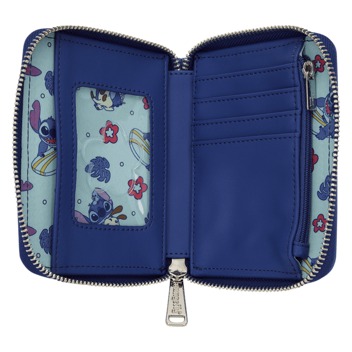 Interior view of the Loungefly Disney Lilo & Stitch Animal Friends Zip Around Wallet with card slots, zip pocket and tropical Stitch lining