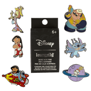 Assorted Loungefly Disney Lilo & Stitch Space Adventure blind box pins displayed around the retail box