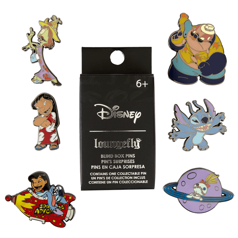 Assorted Loungefly Disney Lilo & Stitch Space Adventure blind box pins displayed around the retail box