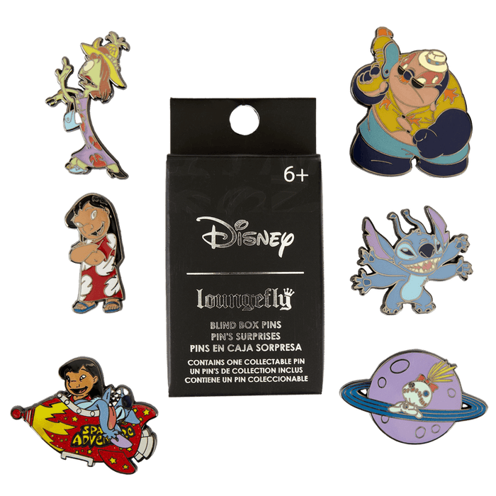 Assorted Loungefly Disney Lilo & Stitch Space Adventure blind box pins displayed around the retail box