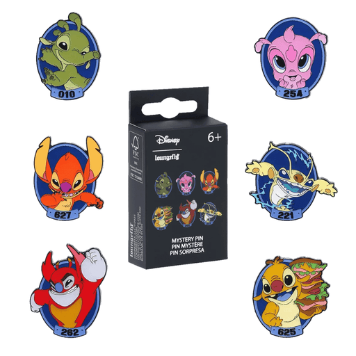Loungefly Disney Lilo and Stitch experiments mystery box enamel pins featuring experiment designs with numbers 010, 254, 221, 625, 262 and 627