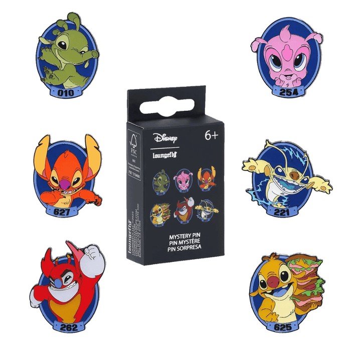 Loungefly Disney Lilo and Stitch experiments mystery box enamel pins featuring experiment designs with numbers 010, 254, 221, 625, 262 and 627