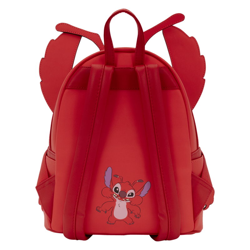 Back of Loungefly Disney Lilo and Stitch Leroy mini backpack with red straps and Leroy character print
