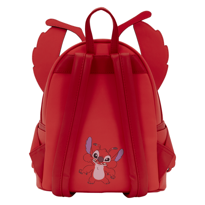 Back of Loungefly Disney Lilo and Stitch Leroy mini backpack with red straps and Leroy character print
