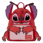 Front of Loungefly Disney Lilo and Stitch Leroy cosplay mini backpack with applique ears and embroidered face