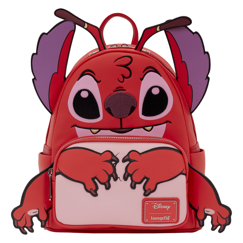 Front of Loungefly Disney Lilo and Stitch Leroy cosplay mini backpack with applique ears and embroidered face