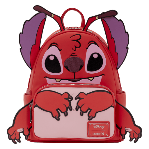 Front of Loungefly Disney Lilo and Stitch Leroy cosplay mini backpack with applique ears and embroidered face