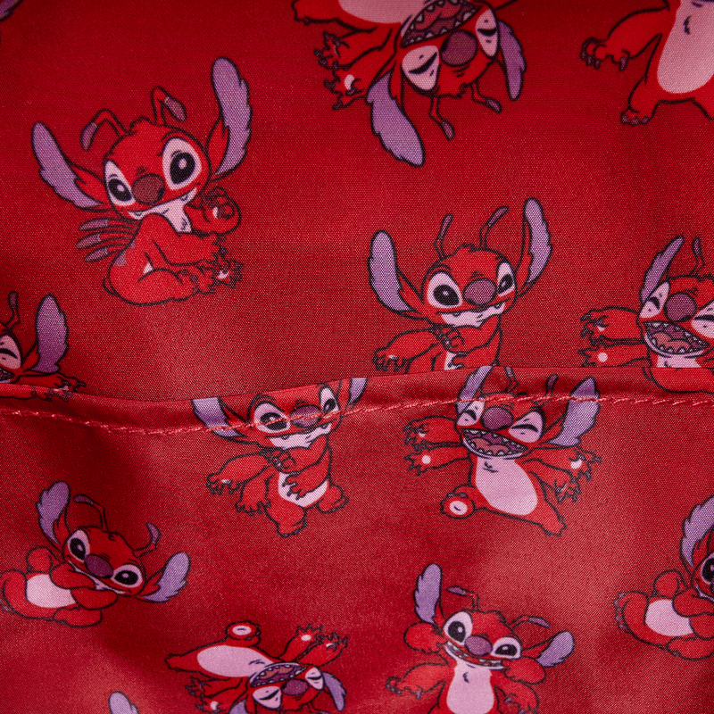 Interior lining of Loungefly Disney Lilo and Stitch Leroy mini backpack with all-over Leroy print