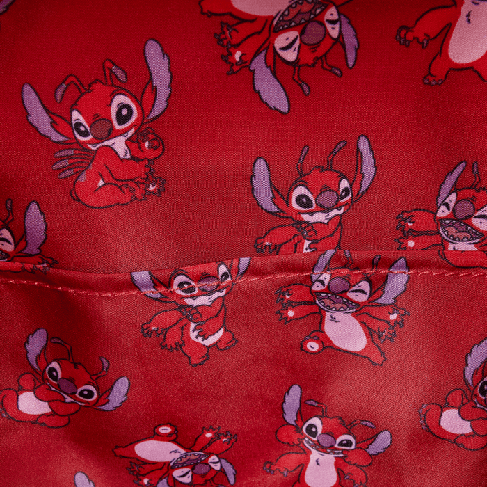 Interior lining of Loungefly Disney Lilo and Stitch Leroy mini backpack with all-over Leroy print