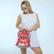 Model holding Loungefly Disney Lilo and Stitch Leroy cosplay mini backpack