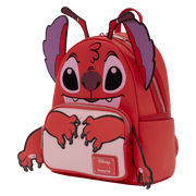 Side view of Loungefly Disney Lilo and Stitch Leroy mini backpack showing red cosplay design and front pocket