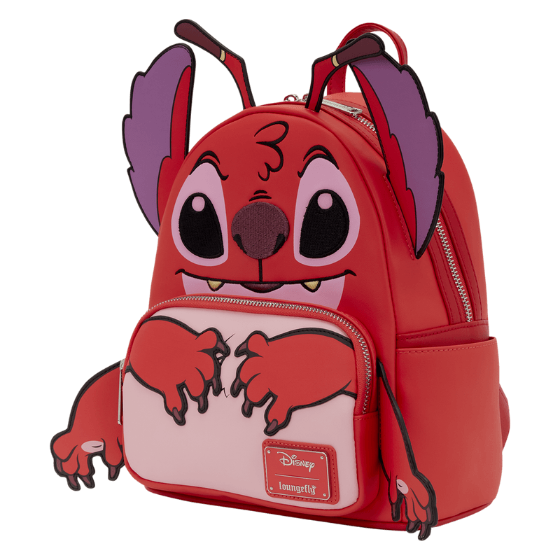 Side view of Loungefly Disney Lilo and Stitch Leroy mini backpack showing red cosplay design and front pocket