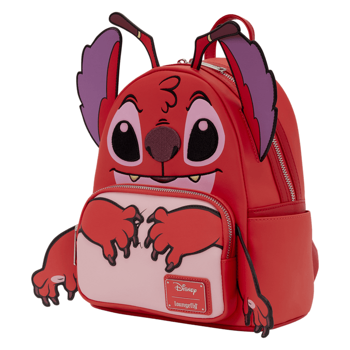 Side view of Loungefly Disney Lilo and Stitch Leroy mini backpack showing red cosplay design and front pocket