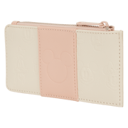 Angled view of the Loungefly Disney Mickey & Friends All-Over Print Large Card Holder in blush pink and cream with embossed character detailing