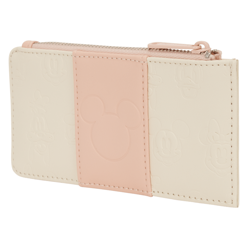 Angled view of the Loungefly Disney Mickey & Friends All-Over Print Large Card Holder in blush pink and cream with embossed character detailing