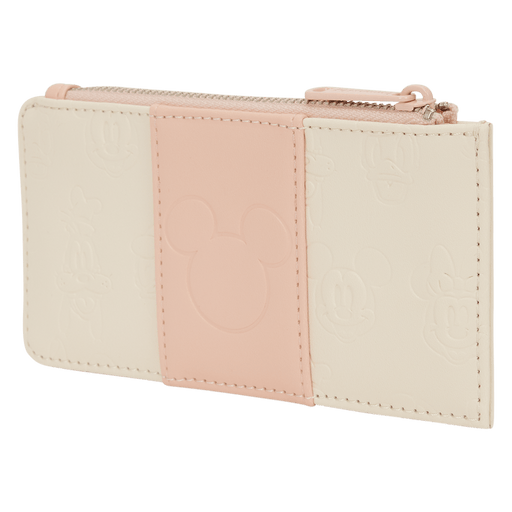 Angled view of the Loungefly Disney Mickey & Friends All-Over Print Large Card Holder in blush pink and cream with embossed character detailing