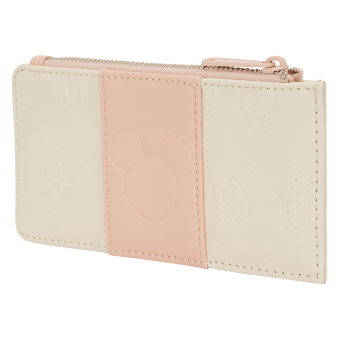 Angled view of the Loungefly Disney Mickey & Friends All-Over Print Large Card Holder in blush pink and cream with embossed character detailing