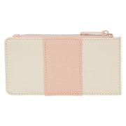 Front view of the Loungefly Disney Mickey & Friends All-Over Print Large Card Holder in blush pink and cream with card slots and zip pocket