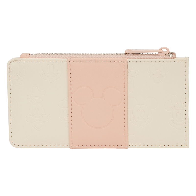 Front view of the Loungefly Disney Mickey & Friends All-Over Print Large Card Holder in blush pink and cream with card slots and zip pocket