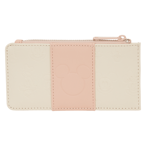 Front view of the Loungefly Disney Mickey & Friends All-Over Print Large Card Holder in blush pink and cream with card slots and zip pocket