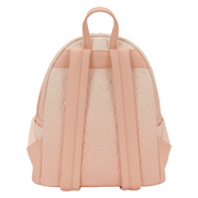 Back view of the Loungefly Disney Mickey & Friends All-Over Print Mini Backpack with pastel pink shoulder straps and embossed character pattern
