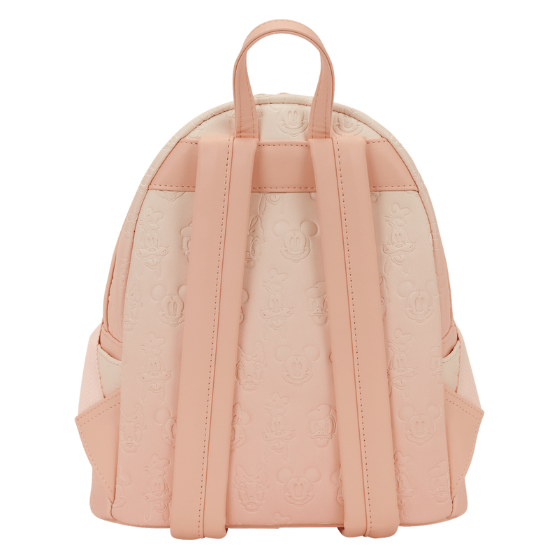 Back view of the Loungefly Disney Mickey & Friends All-Over Print Mini Backpack with pastel pink shoulder straps and embossed character pattern