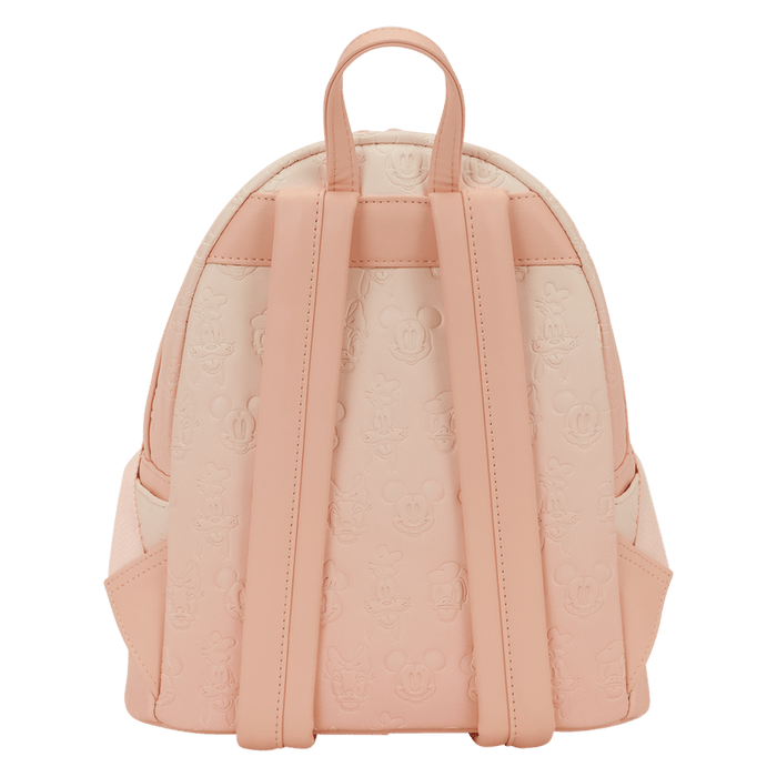 Back view of the Loungefly Disney Mickey & Friends All-Over Print Mini Backpack with pastel pink shoulder straps and embossed character pattern